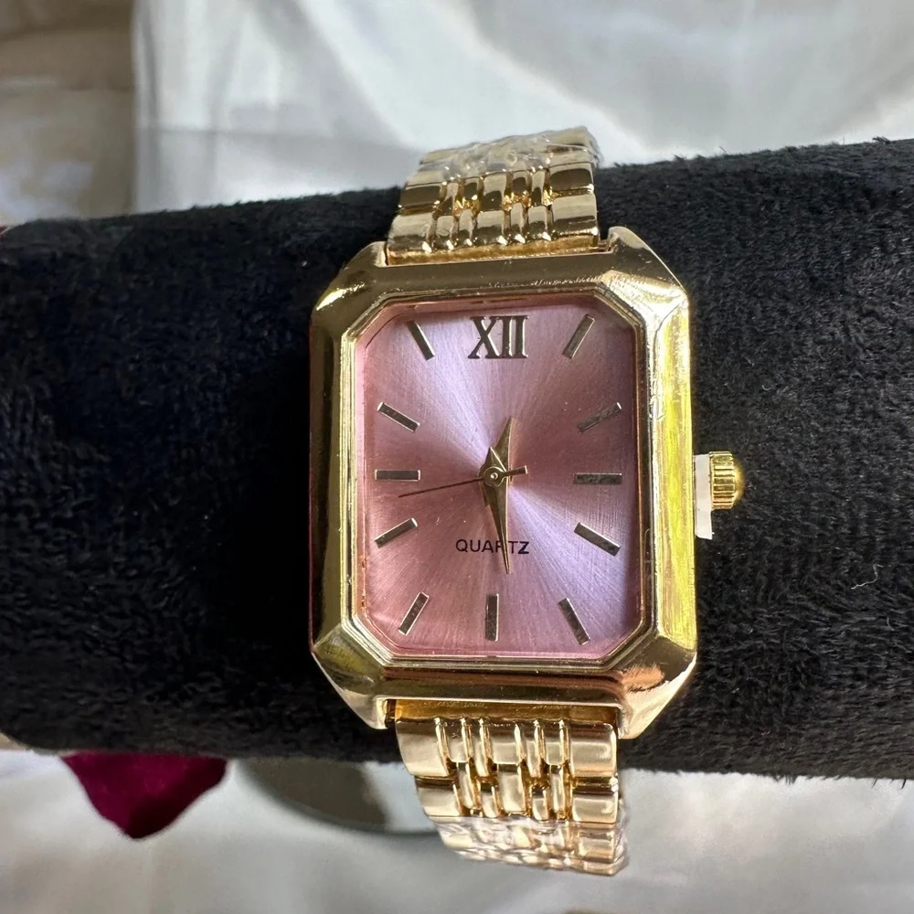 Anthropologie Gold Bracelet Watch with Pink Dial
